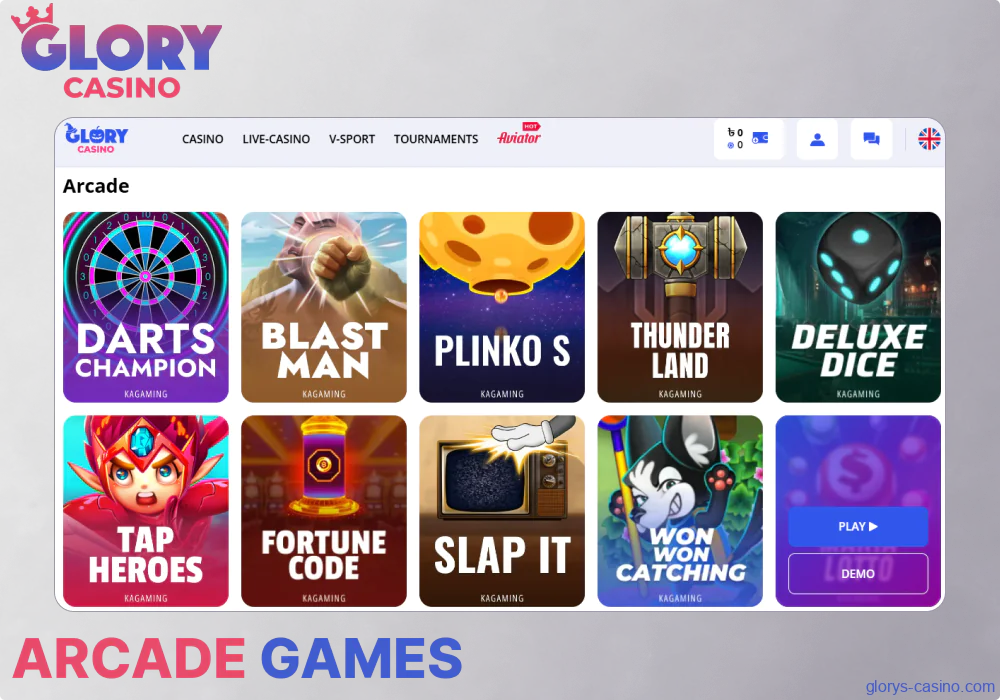 Arcade games available in Glory Casino Pakistan