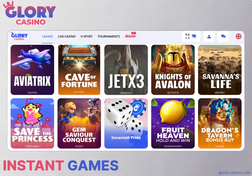Instant games available in Glory Casino Pakistan