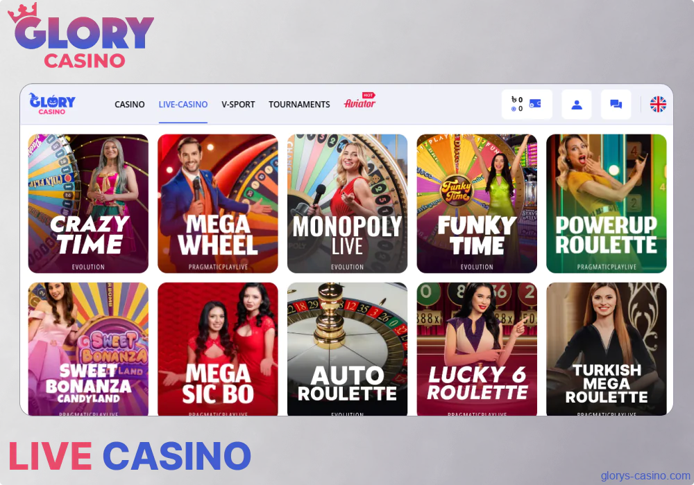 Live Casino options available for Glory Casino players from Pakistan