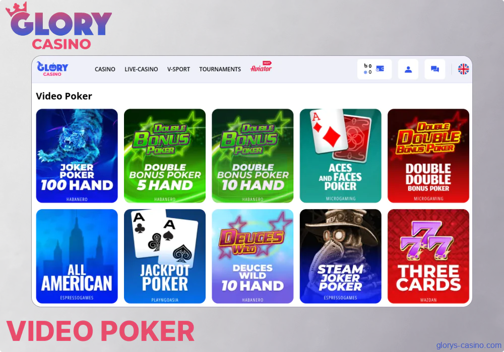 Video Poker games available in Glory Casino Pakistan